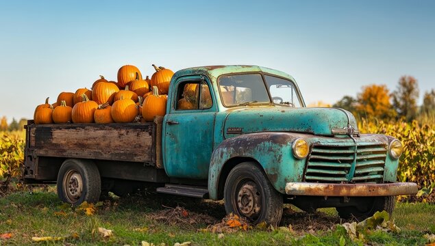 An old truck, full of pumpkins, sits in the pumpkin patch