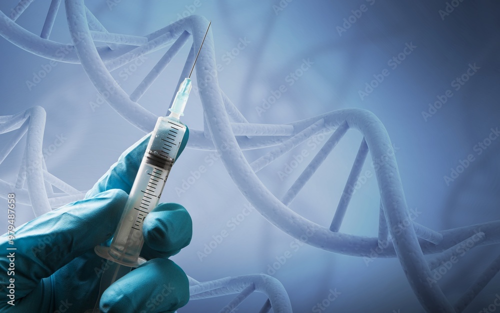 Poster scientists man with molecule of dna with gradient background.
