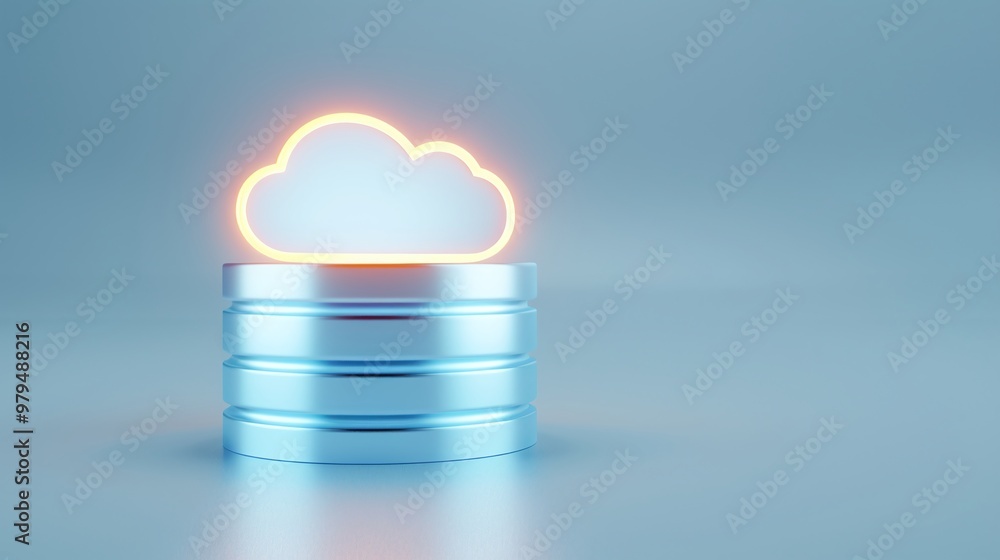 Poster conceptual image illustrating cloud storage and data management with a cloud symbol above a stack of