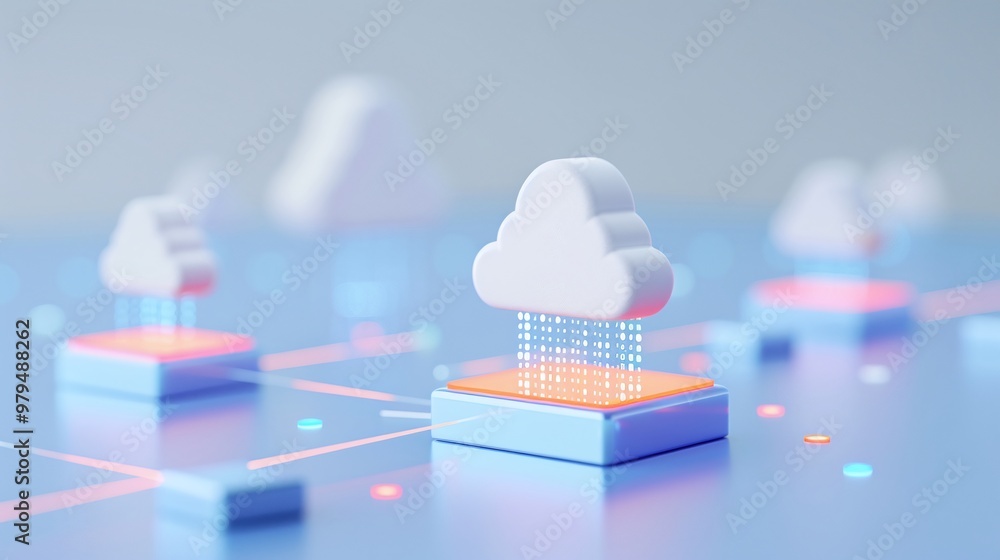 Poster conceptual image of cloud computing, featuring stylized clouds and data connections, symbolizing dig