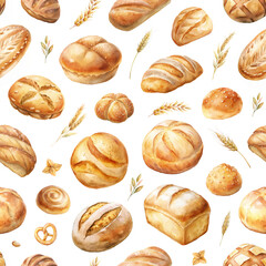 Seamless background of blush baked goods in watercolor style