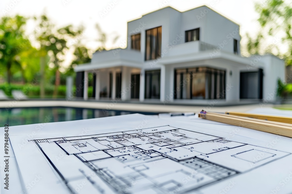 Poster architect and engineer collaborate on project planning and work schedule for home construction site