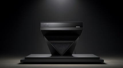 A sleek, futuristic gaming console displayed on a pedestal in a dark environment.