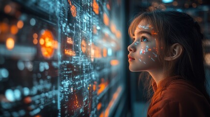 A Young Girl Gazing Into a World of Technology