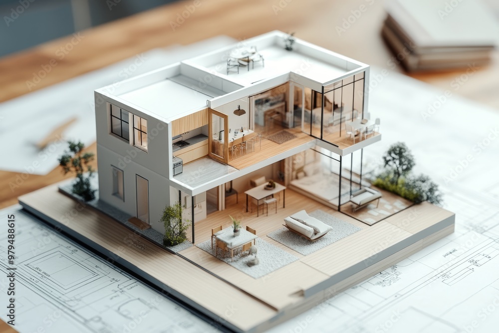 Poster 3d model of a small house displayed on an architectural floor plan for design visualization