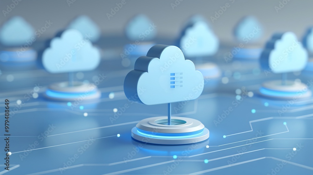 Poster digital cloud computing concept with connected clouds and data network for technology, access, and o