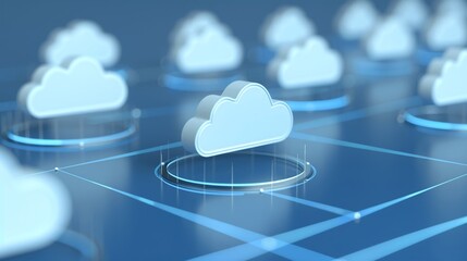 Digital cloud computing concept with clouds in a virtual network environment, symbolizing technology and data storage solutions.