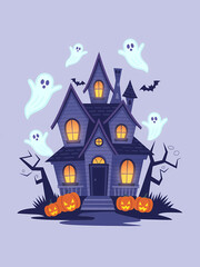 A haunted house with glowing windows and flying ghosts, with a pumpkin patch in front, illustration