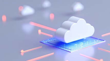 Digital cloud computing concept with data connections on a circuit board, symbolizing technology and innovation.