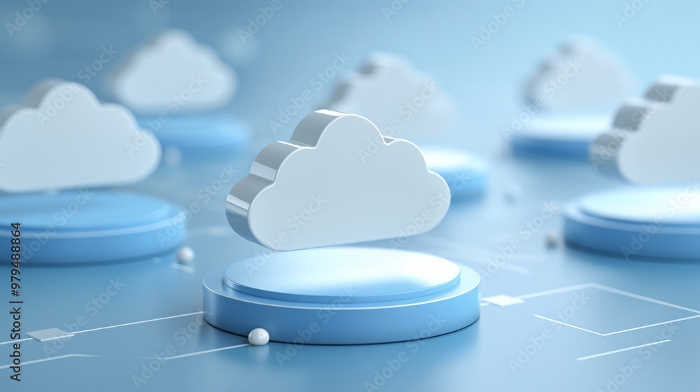 Poster digital cloud computing concept with stylized clouds on a blue background, representing modern techn
