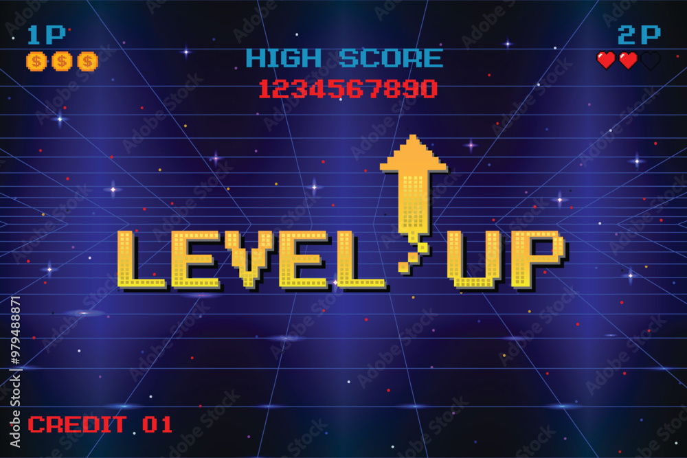Poster level up. pixel art .8 bit game. retro game. for game assets in vector illustrations.