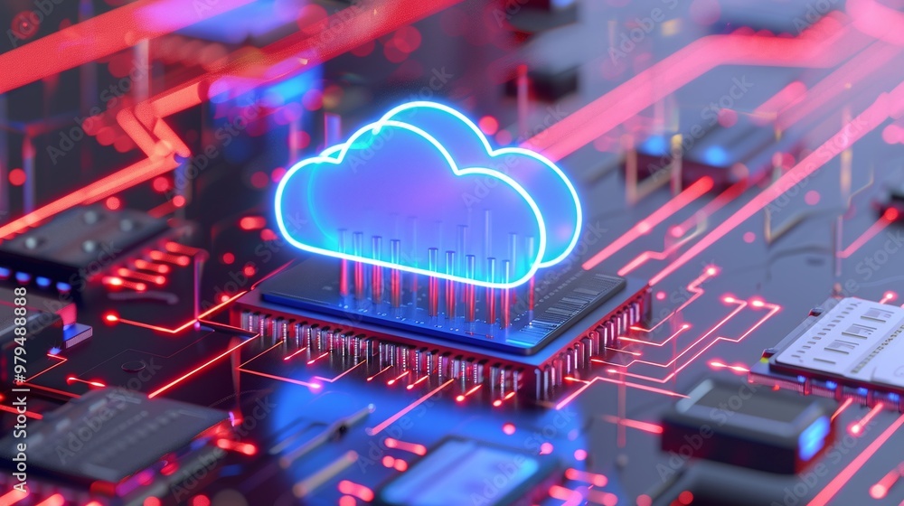 Poster digital cloud computing concept with vibrant circuit board design, highlighting technology innovatio