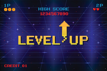 LEVEL UP. pixel art .8 bit game. retro game. for game assets in vector illustrations.
