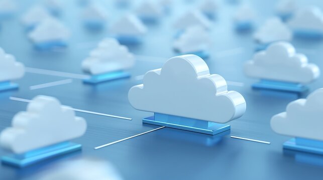 Digital cloud computing illustration with multiple 3D clouds connected by lines, representing data sharing and collaboration.