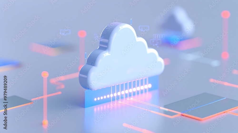 Poster digital cloud storage concept with circuits and servers, representing modern data solutions and tech