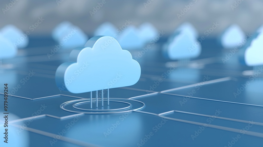 Poster digital cloud storage concept with icons representing technology, data, and connectivity in a modern