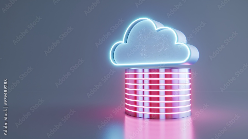 Poster digital cloud storage concept with neon design, featuring a stylized cloud above a glowing stack of 