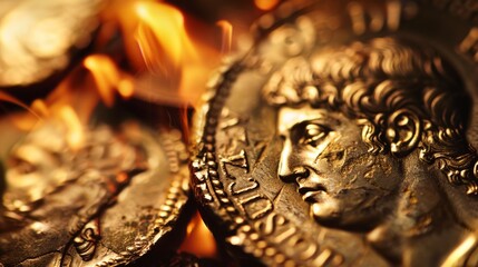 Close-up image of Roman coins: central coin depicts man's profile, likely Caesar, with oak leaf wreath. Flames backdrop adds value, antiquity. Solemn, mysterious ambiance hints at danger.