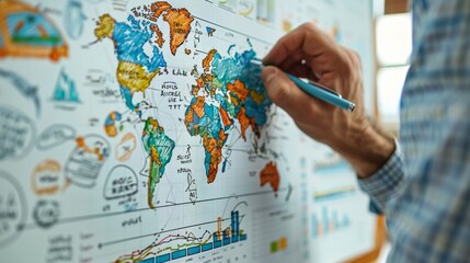 Person using blue pen on interactive whiteboard with world map, possibly for business or educational purposes. Text and graphs visible below map.