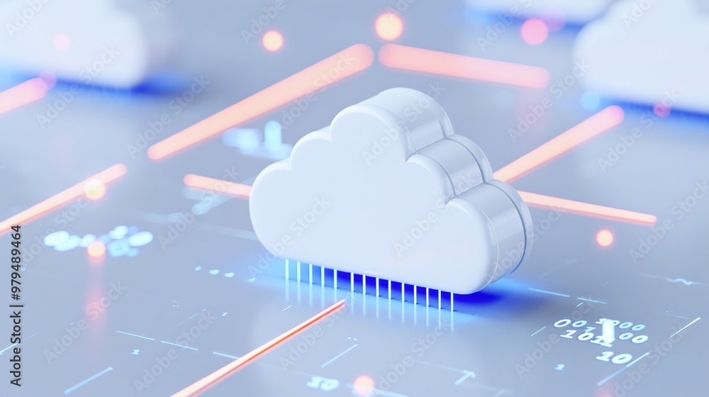 Poster digital cloud symbolizing data storage and connectivity in a technological environment with bright l