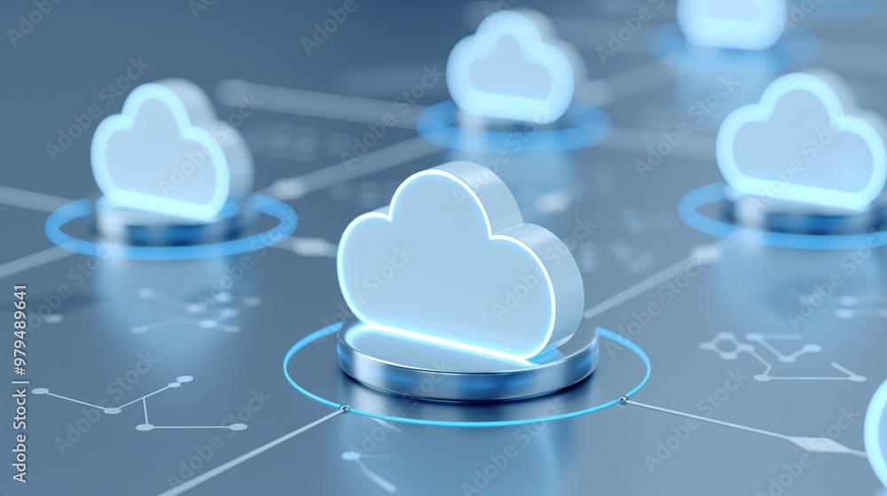 Poster digital cloud technology concept with interconnected clouds and network designs, symbolizing data tr