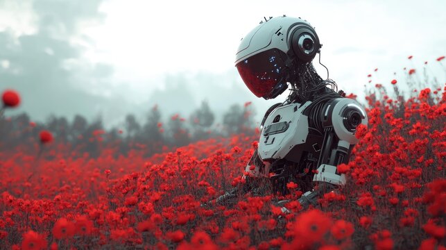 A solitary robot in a field of red flowers, representing the harmony between innovation and the beauty of nature.