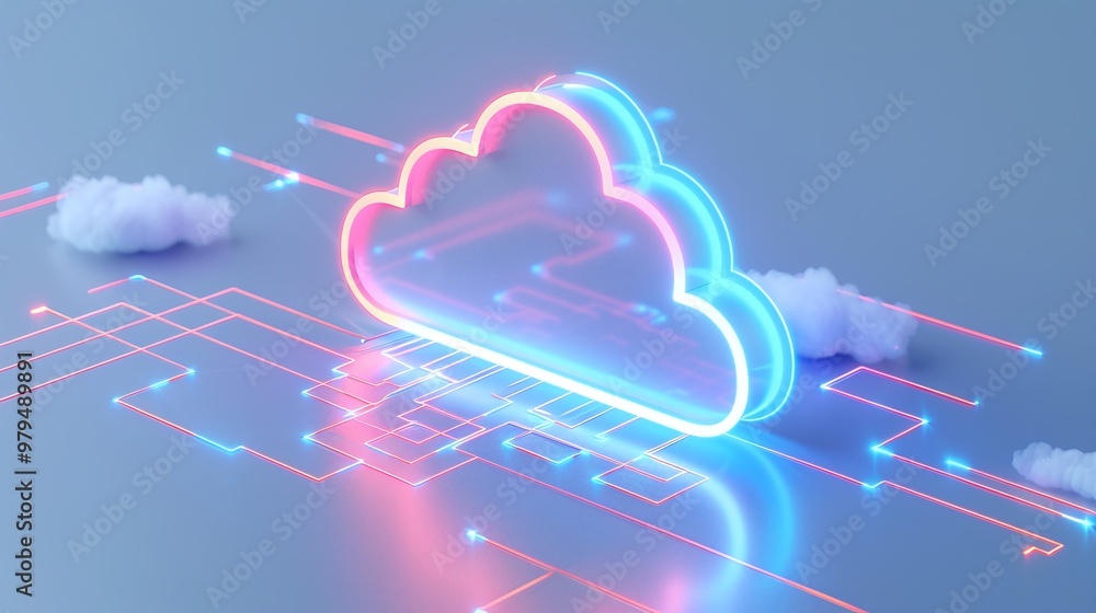 Aufkleber digital cloud technology with neon lights and networks, representing modern data storage and connect