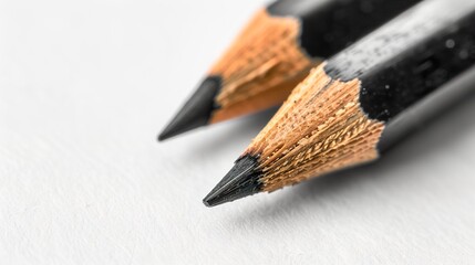 Two sharpened black pencils on a white surface.