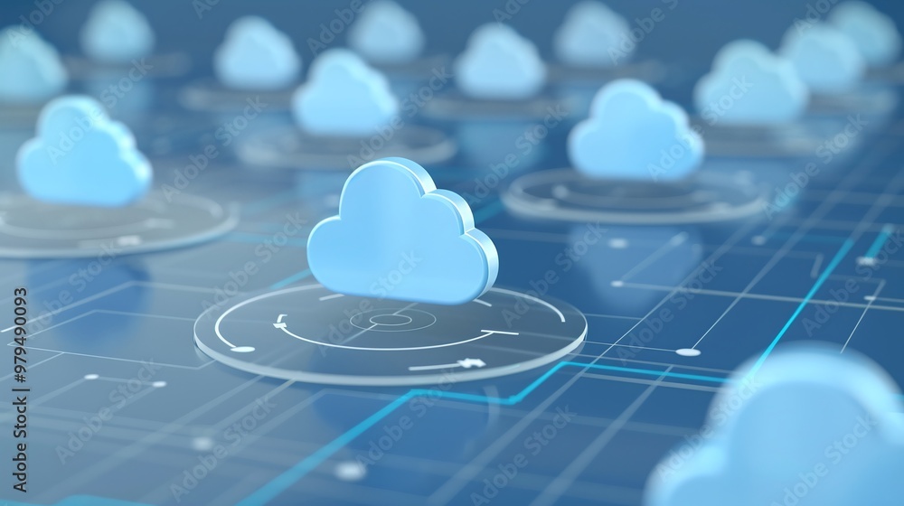 Poster digital clouds on a grid representing cloud computing and technology, symbolizing data storage and n
