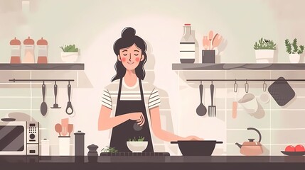 illustrations of a cooking smaile woman simple inforgraphic style, Generative AI illustrations. 