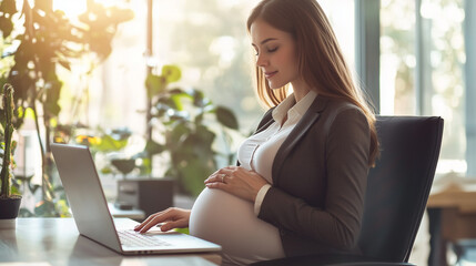 Pregnant Businesswoman Working on Laptop in a Bright Office