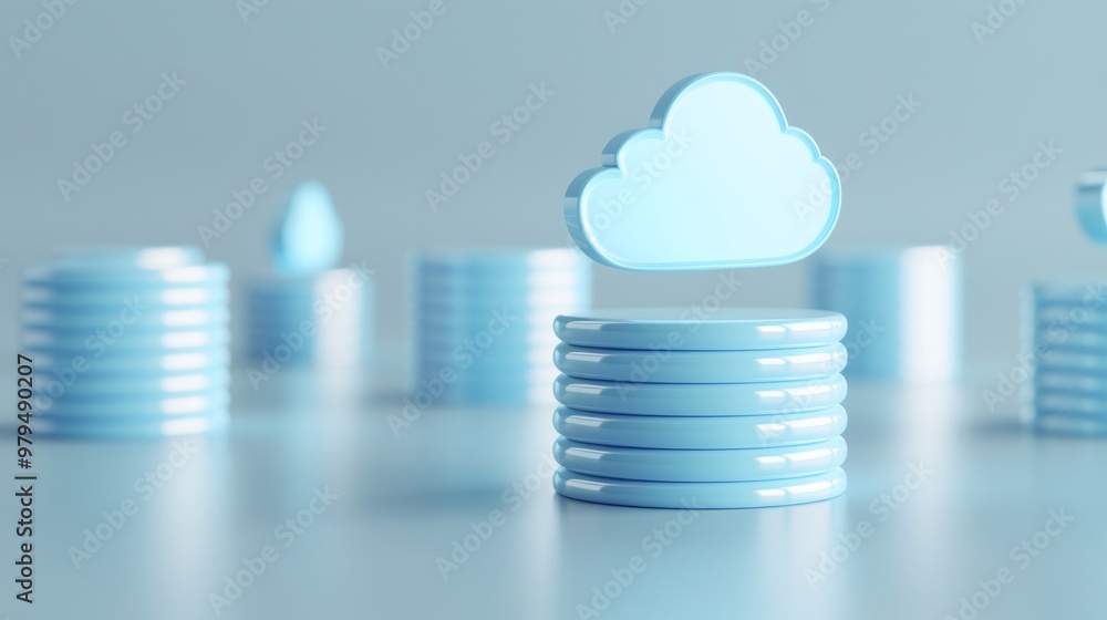 Poster digital illustration of cloud computing with stacks of coins, symbolizing data storage and financial