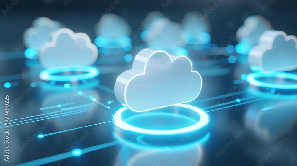 Poster Digital illustration of glowing clouds connected by circuits, representing modern cloud computing technology and data networks.