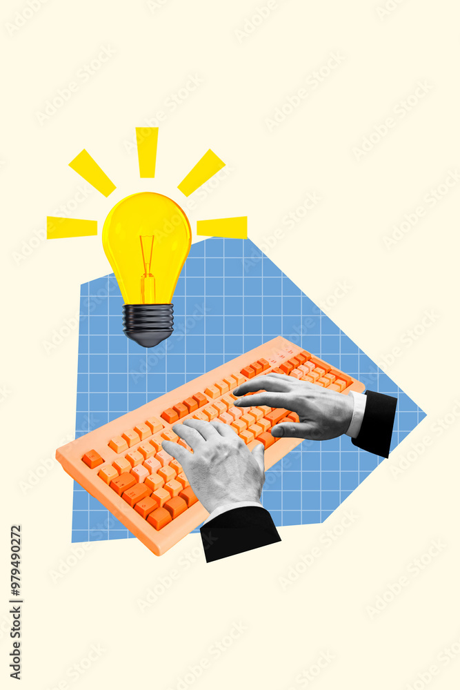 Poster trend artwork sketch image photo collage of workspace huge computer obsolete keyboard press button h