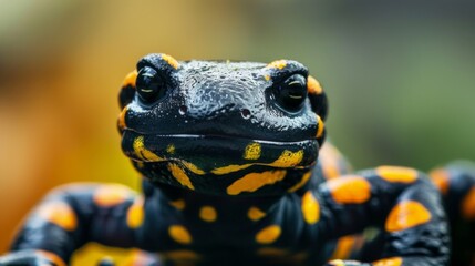 A serene image of a black fire salamander with yellow spots in a forest setting. Peaceful expression, soft focus background.