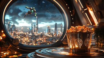 A metallic popcorn bucket with a futuristic city and superhero flying past a window