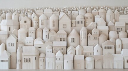 Obraz premium White wooden houses are surrounded by pumpkins and cozy blankets, creating a warm autumn atmosphere ideal for home decor and architecture ideas