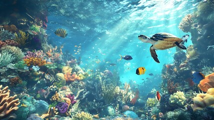 Fototapeta premium Vibrant Coral Reef Brimming with Diverse Marine Life and Sunlit Underwater Ecosystem