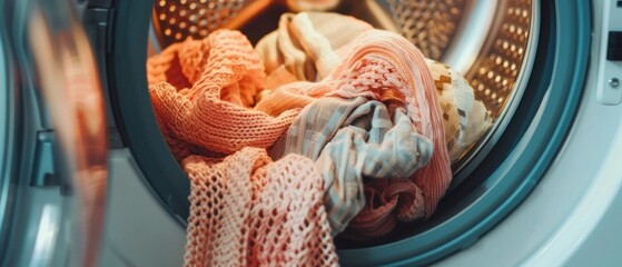 An image of a colorful dryer filled with clothes like a t-shirt, pink long underwear, and a scarf. Colors range from pink to brown, suggesting a pastel palette.