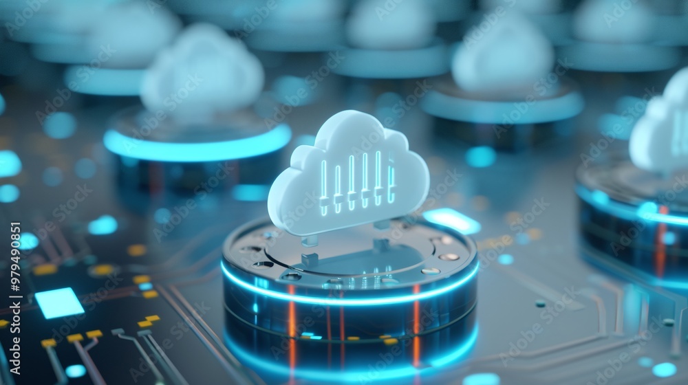 Poster futuristic cloud computing concept featuring digital elements and glowing circuitry, representing mo