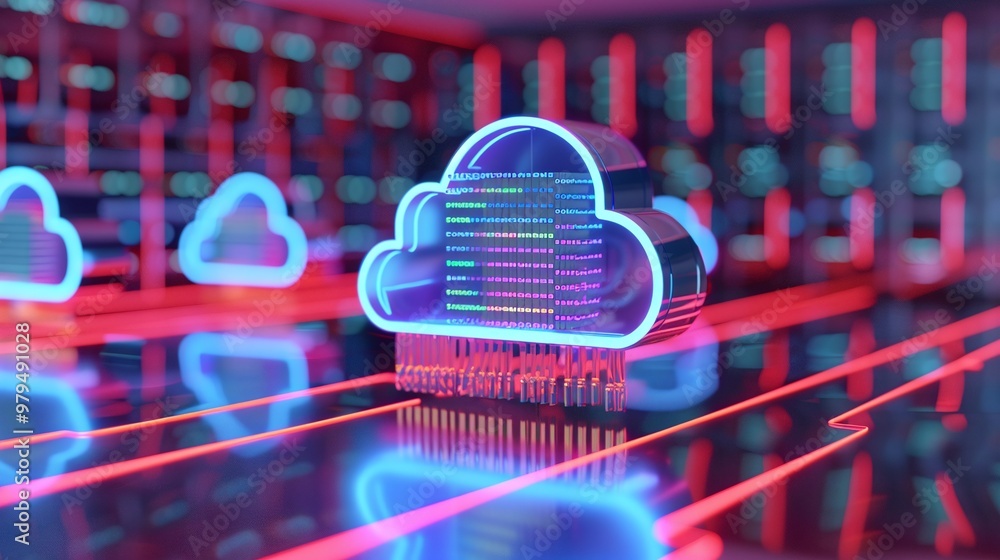 Poster futuristic cloud computing concept featuring neon clouds and digital data. perfect for technology or