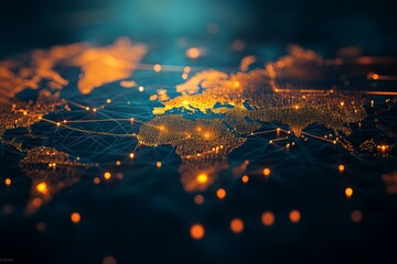 Digital world map illustrating global network connections with glowing lines and data flow nodes