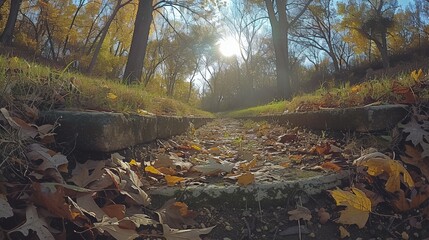 A serene pathway surrounded by vibrant autumn foliage, with a sunlit sky peeking through the trees, creating a mesmerizing and tranquil forest scene
