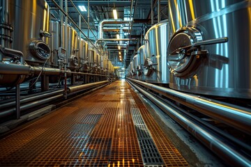 Fototapeta premium A highly detailed image showcasing the modern interior of a large-scale industrial brewery, filled with stainless steel fermentation tanks and an elaborate network of pipes