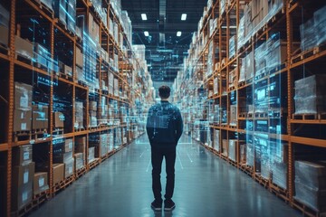 Fototapeta premium Futuristic digital warehouse augmented reality in smart logistics and modern ecommerce solutions