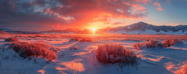 Radiant winter sunset casting golden hues on a scenic snowy landscape with distant mountain range and dramatic cloud formations in the sky