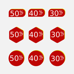 Set sale with 50%, 40%, 30% off banners, discount tags design template, extra promotion, vector illustration