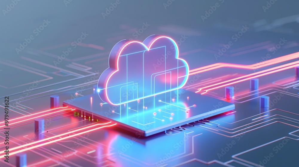 Poster futuristic cloud computing concept with glowing circuitry and neon lights, symbolizing data transfer