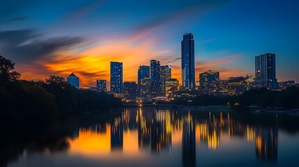 Fototapeta premium Glowing Skyline of a Vibrant City at Dusk with Reflections on the River Below