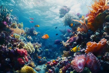 Obraz premium Vibrant Coral Reef Ecosystem Teeming with Diverse Marine Life